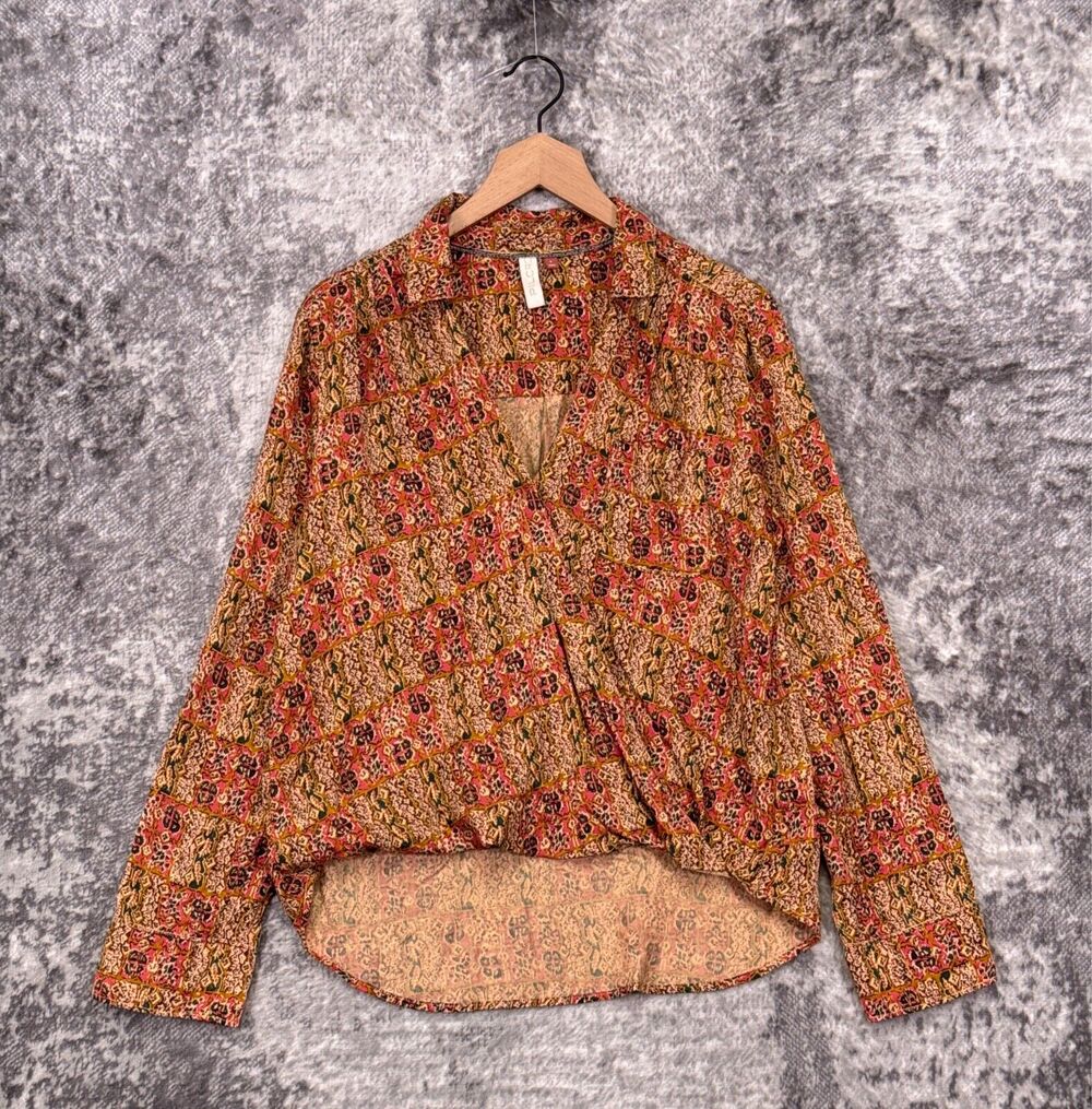 Anthropologie Shirt Small Womens Pilcro Pink & Yellow Twill Popover Tunic Top